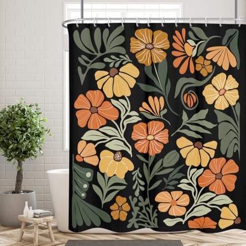 Orange Floral Shower Curtain Standard Black Cute Flower Vintage Farmhouse Rustic Retro Funny Aesthetic Botanical Bohemian Trendy Fabric Cloth Bathroom Decor Set 72x72 Inch Polyester 12 Hooks - color: Black Orange, size: 72"W x 72"L (Pack of 1)