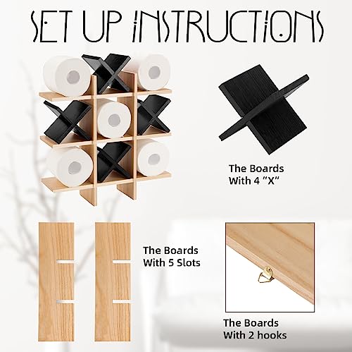 Weysat Tic Tac Toe Toilet Paper Holder Stand Bathroom Wall Decor Rustic Wooden Hanging Storage Freestanding Wall Mounted Shelves Decor for Toilet Tissue Farmhouse - color: Wood Color, Black