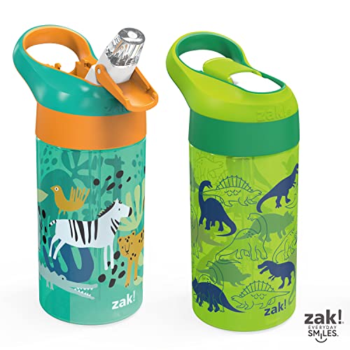 Zak Designs 16oz Riverside Kids Water Bottle with Spout Cover and Built-in Carrying Loop, Made of Durable Plastic, Leak-Proof Water Bottle Design for Travel (Dino Camo & Safari, Pack of 2) - color: Dino Camo & Safari