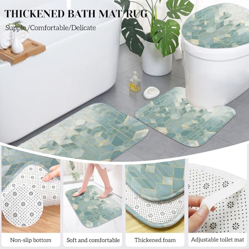 Lnond Blue Green Bathroom Set, Blue Green Abstract Cubes Bathroom Accessories Sets Complete, Luxury Restroom Set with Shower Curtain and Rugs, Trash Can, Toilet Brush Holder Set & Soap Dispenser - style: Blue Green