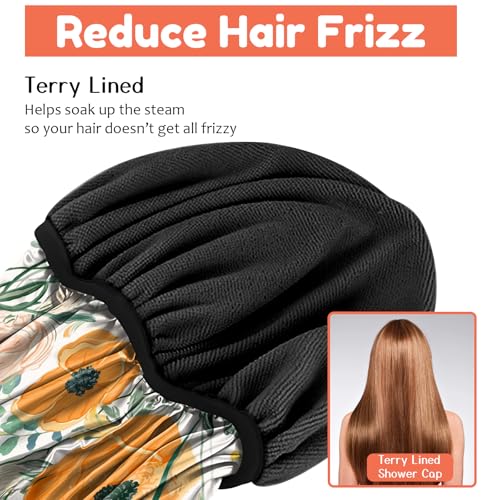 Luxury Shower Cap Terry Lined Reusable Triple Layer Waterproof Hair Elastic Caps Shower Bath Hat for Women Girls Cute Aesthetic-Orange Flower - color: AL1-Orange Flower