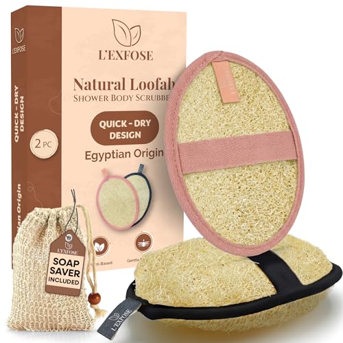 L'Exfose Organic Natural Loofah Body Scrubber for Shower – Dual Sided Egyptian Fiber Plastic Free Loofah – Quick Dry Natural Body Scrubber with Sisal Soap Saver Bag – Minimal Spa Gift for Men Women - color: Black & Salmon