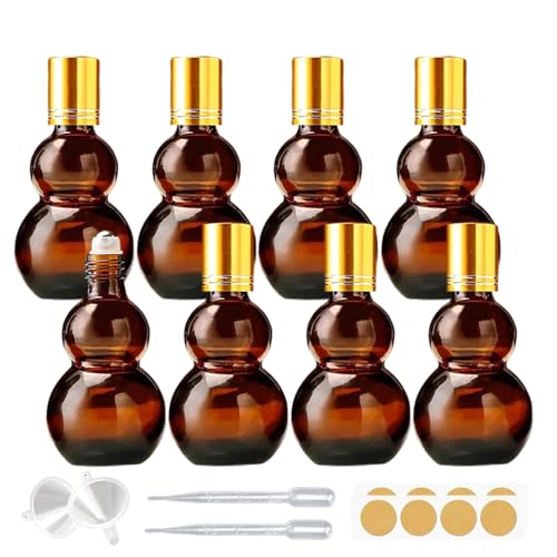 Essential Oil Roller Bottles, 20ml Amber Gourd Shaped Glass Roller Bottles with Stainless Steel Roller Ball, for Travel,Perfume (Amber-Gold Cap, 20ML) - color: Amber-Gold Cap, size: 20ML