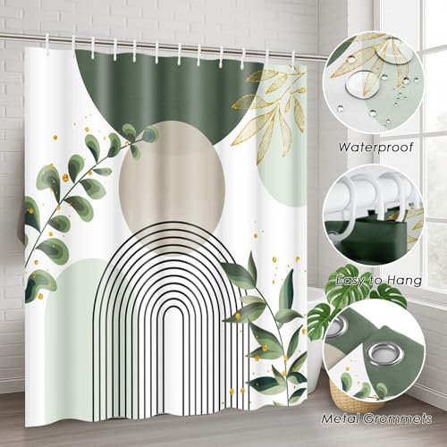 Boho Sage Green Mid Century Shower Curtain Set with Toilet Lid Cover and Non-Slip Rugs, Abstract Bohemian Gold Leaves Plant 4 Pcs Modern Minimalist Shower Curtain for Bathroom Set with 12 Hooks - color: Leaf Sage Green