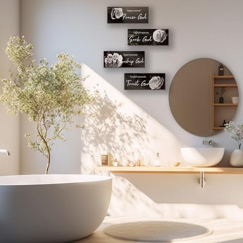ONIZHITY 4Pcs Religious Wall Art Bible Verse Inspirational Black & White Rose Wall Decor Rustic Christian Sign for Home, Bathroom, Office, Bedroom, Living Room (10x4") - color: White Rose