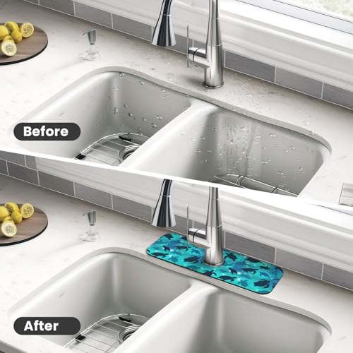 Faucet Draining Mat For Kitchen Sink, Sea Turtles Blue Diatom Mud Absorbent Drain Pad For Bathroom Kitchen Sink Splash Guard Drying Mat - color: Sea Turtles Blue, size: One Size