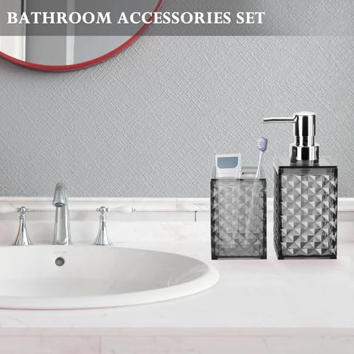 Bathroom Accessories Set 2 PCS, Grey Bathroom Accessories Include Soap Dispenser and Toothbrush Holder, Diamond Pattern Bathroom Set for Boho Bathroom Decor - color: Grey