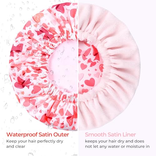 Aileam Pink Bow Shower Cap for Women, Terry Lined Bath Cap Large Reusable Waterproof Shower Hair Cap for Long Thick Hair - color: Hearts & Bows