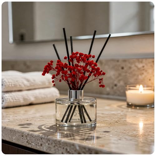 Reed Diffuser Set (6.7fl oz), Natural Lychee Rose Essential Oil Fragrance with Glass Bottle, Black Rattan Sticks & Preserved Flowers, Up to 120 Days Lasting Fragrance for Home & Office