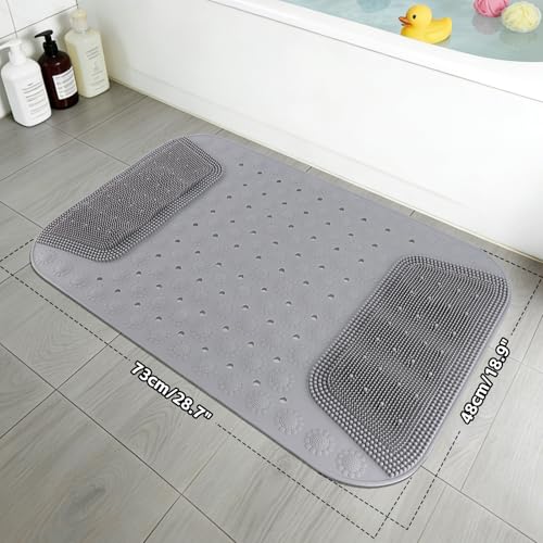 Bathtub Shower Mat Non Slip, 28.7x18.9 inch Silicone Bathroom Mat with Foot Scrubber on Both Sides, Drain Hole and Suction Cups, Machine Washable Bath Mats for Elderly, Pet (Gray) - size: 28.7"x18.9"