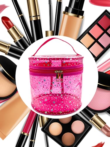 Waterproof Pink Star PVC Makeup Bag - 7.1x6.3in Barrel Cosmetic Organizer with Zipper, Portable Toiletry Pouch for Women & Men (Pink) - color: Pink