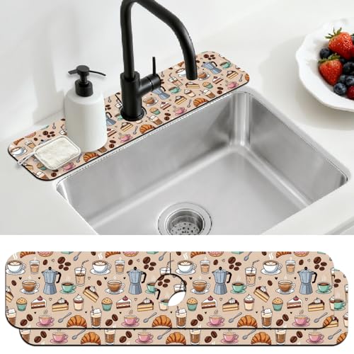 2 Pcs Kitchen Sink Splash Guard Faucet Mat Various Drinks Pattern Faucet Mat for Sinks coffee Graffiti Absorbing Drying Mats for Kitchen Bathroom, 23.6x5.5inch - color: Various Drinks Pattern