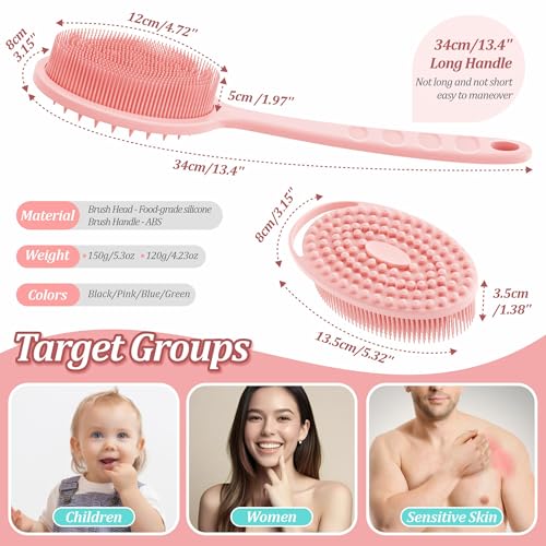 Silicone Back & Body Scrubber Set 2PCS, 13.4'' Gentle Exfoliating Back Scrubber with Dual-Side Head and Non-Slip Handle, Hygienic Silicone Loofah with Soft Bristles and Massage Dots(Pink-2PC) - color: Pink*2