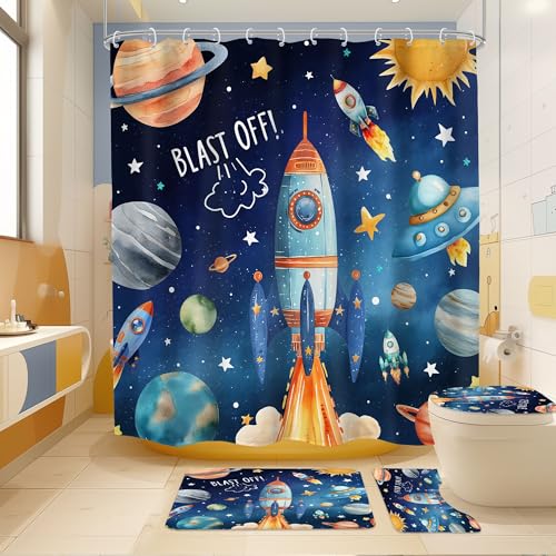 4 PCS Kids Boys Shower Curtain Set 72Wx72H Cartoon Planets Space Universe Bathroom Set Non-Slip Bath Rug Toilet Lid Cover U Shape Mat Complete Bathtub Accessories with 12 Hooks Bathroom Decor - color: D 01space, size: 72"W x 72"L (Pack of 4)