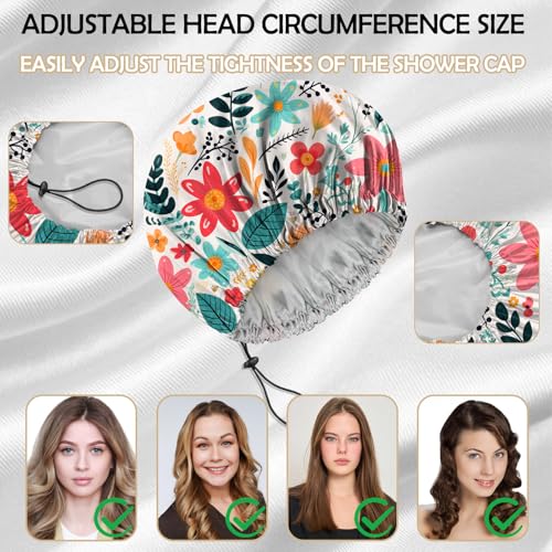 2 PCS Shower Cap Reusable Waterproof Adjustable Double Layer Elastic Dry Hair Bathing Caps Aesthetic Cute for Women Girls-Flower - color: H-9-Flowers