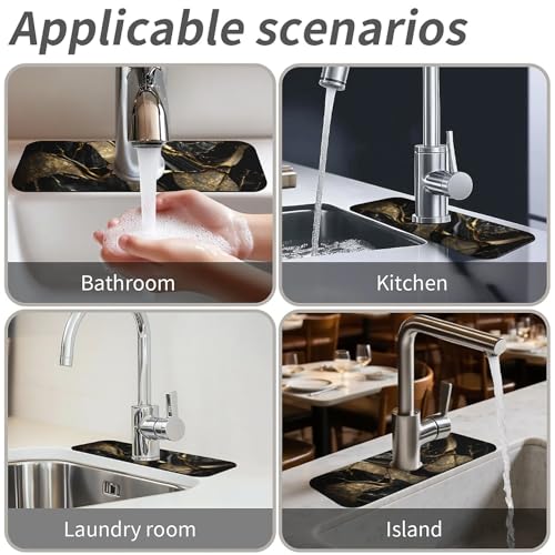 Kitchen Sink Splash Guard，Black and metallic gold marble Faucet Mat Sink Gadgets-Super Absorbent Fast Drying Mat Drip Catcher for Kitchen, Bathroom,Sink Mat, Dish Drying Mat, Bathroom(15" X 5.5" ) - color: Black and metallic gold marble