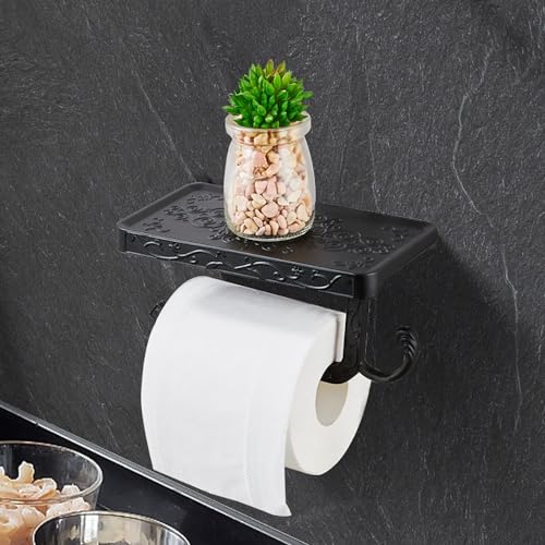 Vintage Toilet Paper Holder Wall Mount Toilet Roll Holder with Shelf and Hook Bronze Antique Bathroom Accessories Toilet Tissue Roll Holder Hanger Aluminum Material (Black) - color: Black