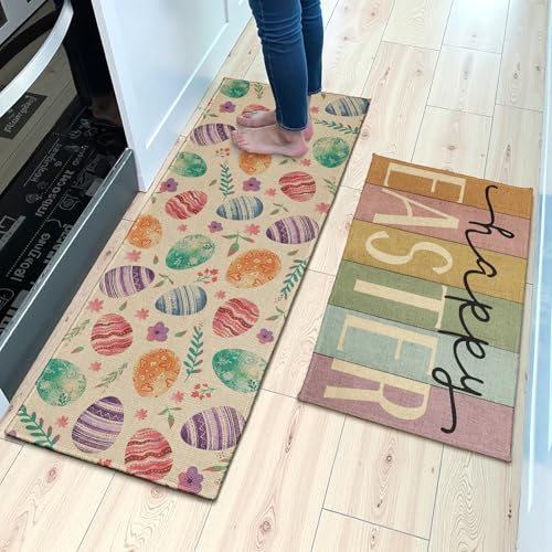 Happy Easter Kitchen Rugs 2 Pcs Colorful Easter Eggs Florals Washable Runner Rug Non Slip 17"x47"+17"x30", Seasonal Spring Comfort Kitchen Floor Mat for Holiday Bathroom Laundry Decor - color: Colorful Easter Eggs