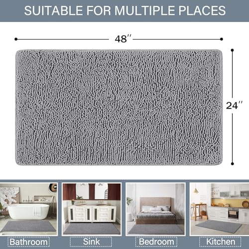 LOCHAS Luxury Bathroom Rug Shaggy Bath Mat 24 x 48 Inch, Washable Non Slip Bath Rugs for Bathroom Shower, Soft Plush Chenille Absorbent Carpets Mats, Gray - color: Grey, size: 2' X 4' (24''x48'')