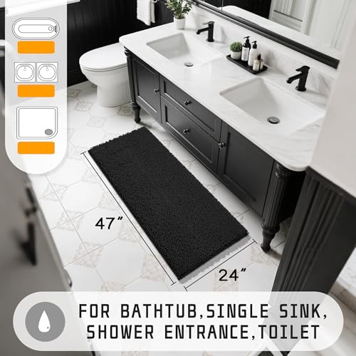 Yimobra Long Bathroom Rugs 47"x24", Extra Soft Non Slip Bath Mat for Tub, Super Absorbent Quick Dry Shaggy Rug Floor Carpet, Machine Washable,Black - color: Black, size: 47" X 24"