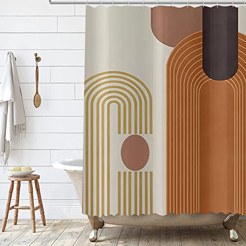 Mid Century Modern Extra Long Shower Curtain, Boho Brown Abstract Arch Machine Washable Waterproof for Bathroom Bathtub with 12 Hooks 72Wx78H - color: Brown and Beige, size: 72"W x 78"L (Pack of 1)