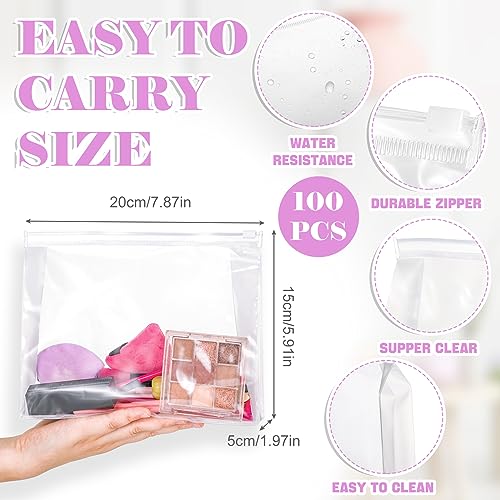 Xuniea 100 Pcs Mini Clear Makeup Bag PVC Small Travel Toiletry Organizer Pouches Bulk Waterproof Transparent Plastic Cosmetic Bag with Zipper for Women Men Travel(7.9'') - size: 7.9''