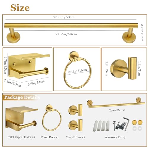 5-Pieces Wall Mount Bathroom Accessories Bathroom Hardware Set,22 Inch Stainless Steel Waterproof Towel Bars,Toilet Paper Holder with Shelf,Towel Ring,Coat Hook (Brushed Gold 5PC - Round) - color: Brushed Gold 5pc - Round