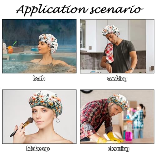 2 PCS Shower Cap Reusable Waterproof Adjustable Double Layer Elastic Dry Hair Bathing Caps Aesthetic Cute for Women Girls-Red Flower - color: H-20-Red Flower