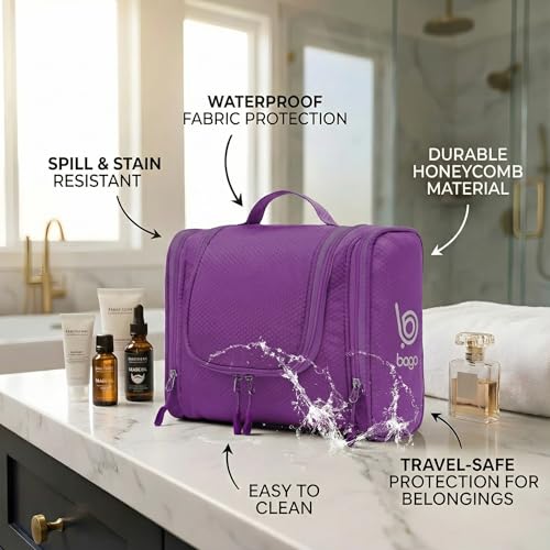 Bago Travel Toiletry Bag for Women and Men X-Large Waterproof Hanging Large Toiletry Bag for Bathroom and Travel Bag for Toiletries Organizer -Travel Makeup Bag (Purple) - color: Purple, size: X-Large