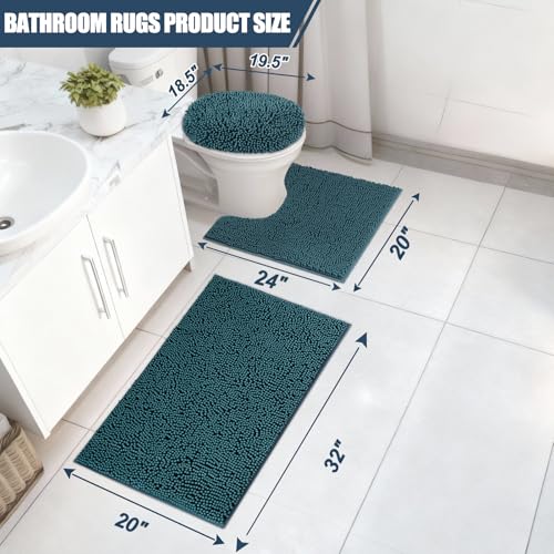 Bathroom Rugs Sets 3 Piece with Adjustable Toilet Seat Cover 19.5"x 18.5" Machine Washable Bath Rug Set with TPR Non Slip Rubber Backing Solid Bath Mat Set for Luxury Bathroom Decoration - color: Fog Blue