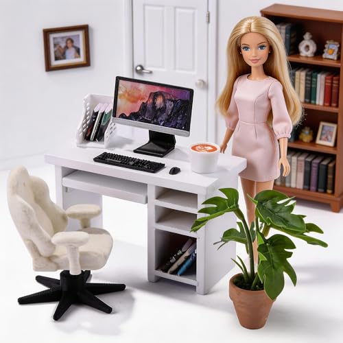 DIYDEC 1:12 Scale Miniatures Office Desk Set 14pcs Dollhouse Office Including Mini Computers Desks Office Chair Keyboard Mouse Folder Books Potted Plants for Tiny Stuff Dollhouse Figurines - color: Dollhouse Office Desk