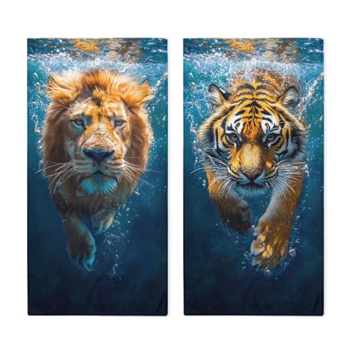 Lion Tiger Hand Towels, Blue Painting Blue Wave Decorative Fingertip Face Towels Soft Absorbent Dish Towel for Kitchen Bathroom Gym Spa - color: Lion Tiger