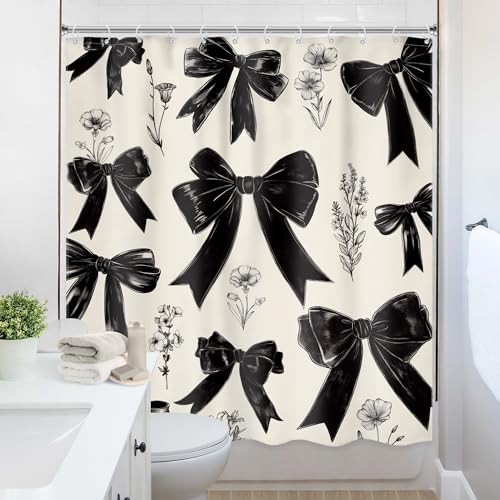 Black Bow Shower Curtain 72Wx72L Inch Girls Coquette Retro Vintage Bowknot Floral Wildflower Girly Fashion Elegant Plant Bathroom Set Aesthetic Bath Curtain Bathtub Accessories Home Decor - color: A 01black, size: 72"W x 72"L (Pack of 1)