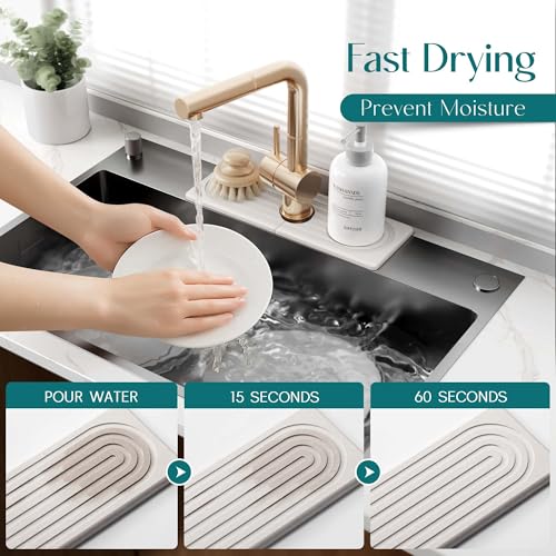eormoe Faucet Mat for Kitchen Sink - Wider Diatomite Fast Drying Stone Sink Tray, Super Absorbent, Prevents Moisture Buildup - Faucet Splash Guard for Bathroom Counter (Light Grey, 15x5.3inch) - color: Light Grey, size: 15" x 5.3"