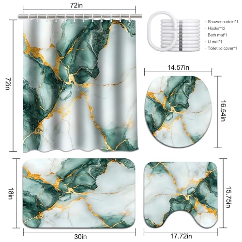 Lnond 4Pcs Marble Bathroom Sets with Shower Curtain and Rugs,Green Gold Marble Modern Art Bathroom Shower Curtain Sets with Rugs and Accessories - color: Green Gold Marble