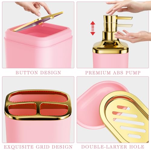 XLHOMO Bathroom Accessories Set - Luxury Pink Bathroom Set, 9 Pieces Bathroom Accessory Set, Pink Bathroom Accessories with Trash Can, Toilet Brush & Soap Dispenser - color: Pink & Gold, size: Bathroom Set