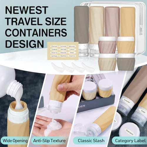 14pack Travel Bottles for Toiletries, TSA Approved Travel Size Toiletries Containers Set, Premium Silicone Leak Proof Refillable Squeezable & Creams jars Accessories Kit W/Clear Bag (Apricot) - color: Apricot
