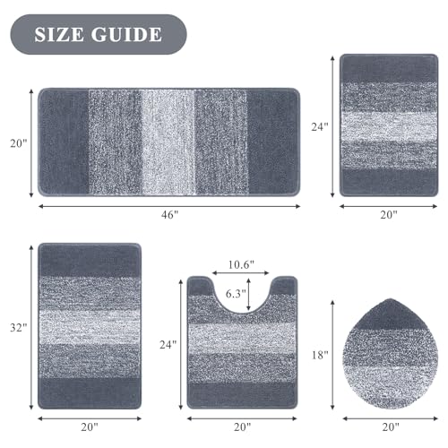 Bsmathom Bathroom Rugs Sets 5 Piece, Soft Absorbent Microfiber Bath Rugs with U-Shaped Contour Toilet Rug and Toilet Lid Cover, Thick Non-Slip Plush Shaggy Bath Mat Set,Dark Grey - color: Dark Grey, size: 18"x26"+20"x31"+20"x48"+U20"x24"+Cover19"x21"