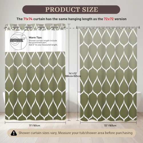 Yiatn No Hook Ombre Sage Green Shower Curtain with Snap in Fabric Liner Set - Hotel Style with See Through Mesh Top Window, 71x74 INCH - color: Ombre Sage Green, size: 71"W x 74"L (Pack of 1)
