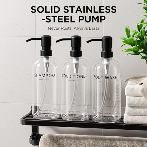 Shampoo and Conditioner Dispenser Set,3 Refillable 16oz Bottles with Stainless Steel Pumps – Shower Soap Dispensers for Bathroom, Hotel or Airbnb (Transparent, 3-Pack) - color: Transparent
