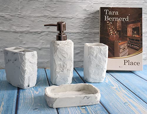 Hymmah Marble Bathroom Accessories Set,Marble Design Toothbrush Holder,Farmhouse Bathroom Decor,4 Pcs Resin Gift Set Apartment Necessities, Contain Toothbrush Cup,Soap Dispenser,Soap Dish,Tumbler - color: Marble White