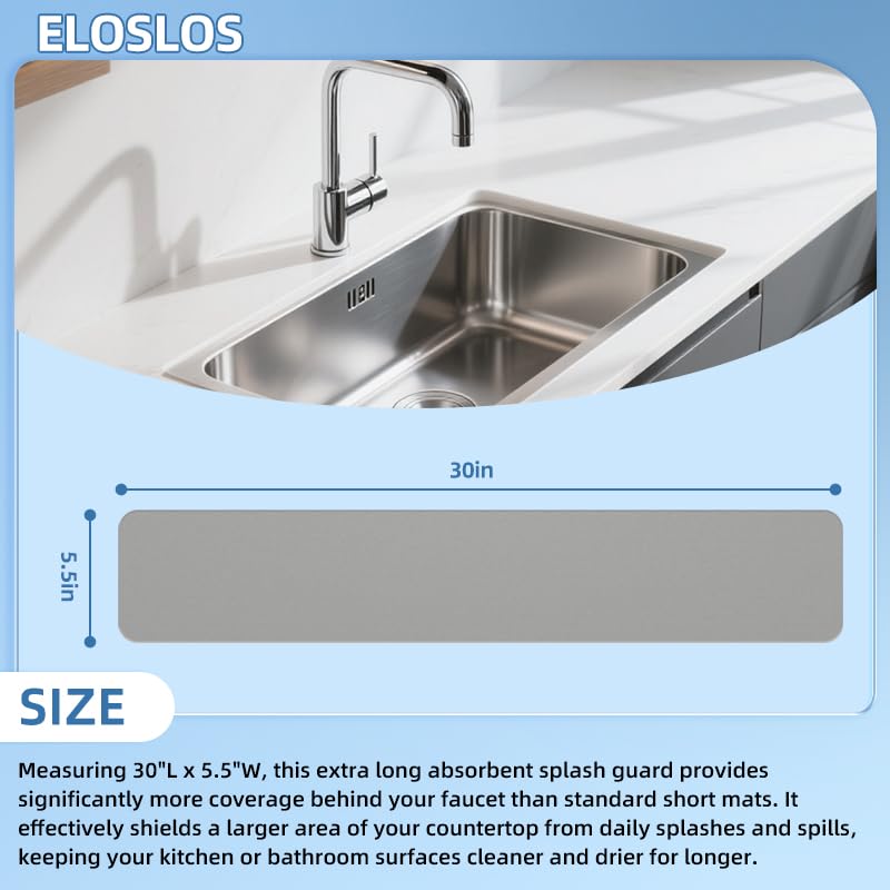 30"L x 5.5"W Customizable Sink Faucet Mat for Kitchen Sink 2 Holes & 3 Holes, DIY Cut for Oval/Rectangle/Square Faucets, Extra Long Quick-Drying Absorbent Splash Guard Counter Protector, Gray - style: 1 Pcs Gray
