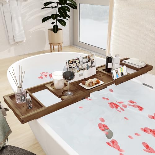 Teak Bathtub Tray - Luxury Bath Tray with Expandable Handles, Wine Glass and Phone Holders, Book Stand - Perfect for Home Spa Relaxation and Reading - Natural Bath Accessories - Dark Walnut Color - color: Dark Walnut-expandable