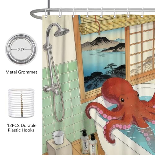 Fabric Shower Curtain with Hooks, Waterproof & Washable & Polyester, Fun Japanese Anime Octopus Shower Curtains for Bathroom, Cute Funny Whimsical Animal Bathroom Curtain, House Gift, 71x74 Inch - color: Fun Octopus