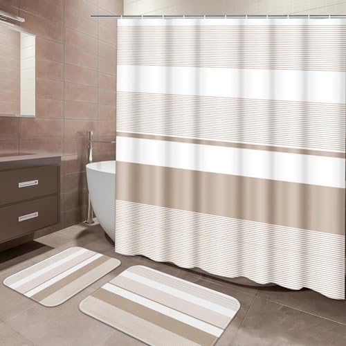 ArtSocket Beige Striped Bathroom Set with Shower Curtain and Bath Rugs and Accessories,Boho Modern Non-Slip Shower Curtain Set,Bathroom Decor 3 Pcs - color: Beige Striped