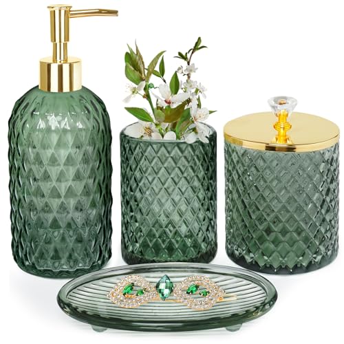 Haturi Bathroom Accessories Set, 4Pcs Sage Green Glass Bathroom Set Complete w/Bathroom Soap Dispenser Set, Toothbrush Holder, Qtip Holder, Soap Dish, Green Bathroom Decor, Gift for Home Apartment - style: Sage Green