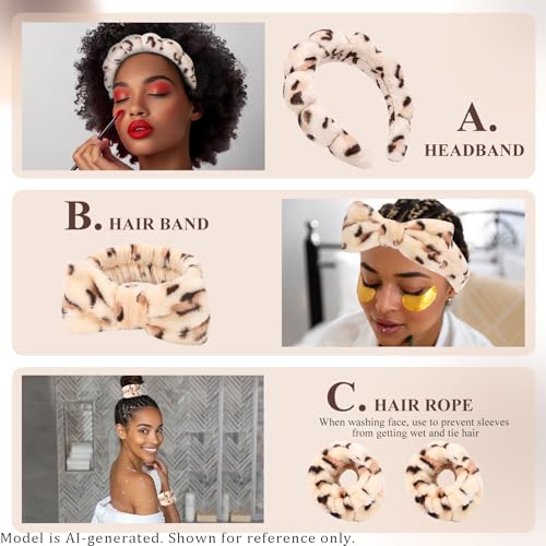 Headband for Washing Face Wristband Set, Leopard | Soft absorbent fabric, snug head-hugging fit for face washing, skincare, makeup, masks, travel, women and teen girls - color: Brown leopard print