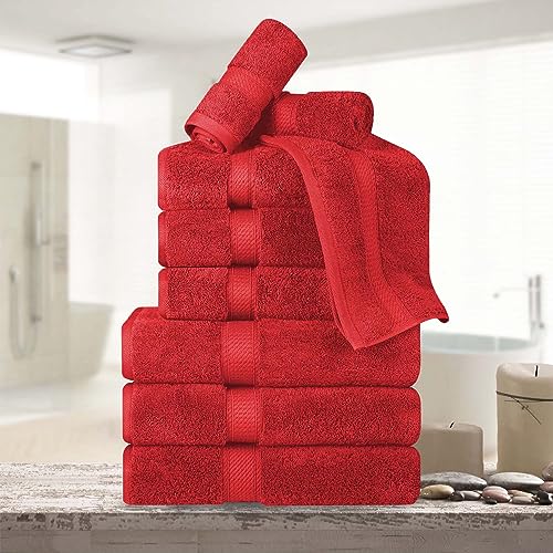 BLUENILEMILLS BNM Madeline Egyptian Cotton Heavyweight Towels, Ideal for Shower, Spa, Hotel, 800 GSM, Face/Washcloths, Hand Towels, Bath Towels, Highly-Absorbent, Luxury, 9 Piece Towel Set, Red - color: Red, size: 9-Piece Towel Set