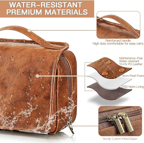 Elviros Hanging Toiletry Bag for Men PU Leather Shaving Dopp Kit (Brown) | 3-in-1 Waterproof Travel Organizer with Separate Compartments for Grooming Items, Toiletries, and Daily Essentials - color: Brown, size: 1 Pack