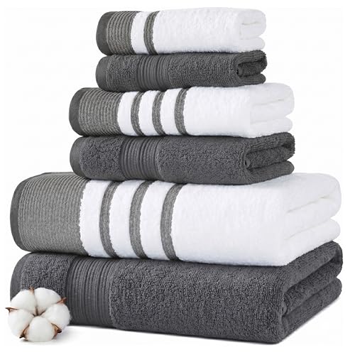 Modern Threads 6-Piece Towel Set – 100% Cotton, Quick Dry, Ultra Absorbent – Includes 2 Bath, 2 Hand, 2 Washcloths (White/Reinhart Charcoal) - color: Grey, style: Classic Stripe